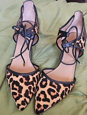 FRANCO SARTO Leopard Print Pointed Toe Lace-Up Women's Heels